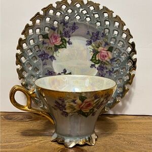 Vintage Royal Halsey Fine China Floral Teacup and Saucer with Gold Accents